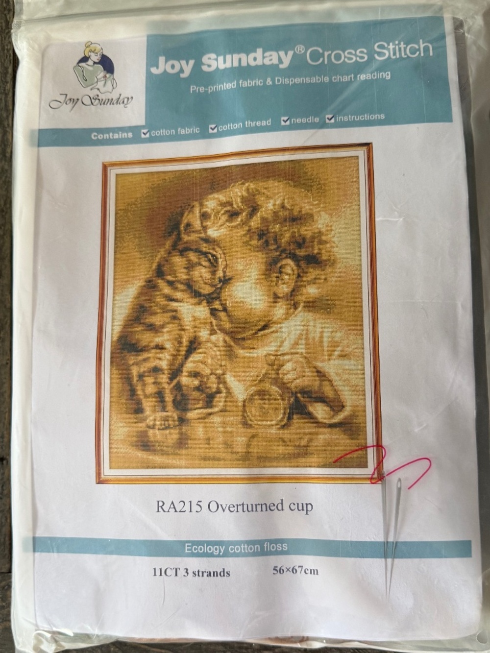 Baby Cat Cup Sepia Joy Sunday Pre-Printed Cross Stitch Kit 11ct Aida - NEW